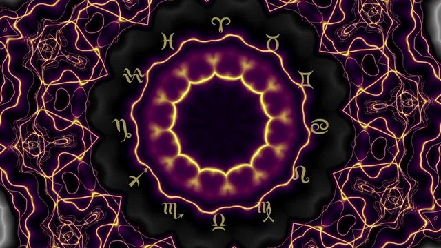 Transforming Magic circle with zodiacs sign on balck mystic mandala background..