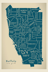 Modern City Map - Buffalo New York city of the USA with neighborhoods and titles