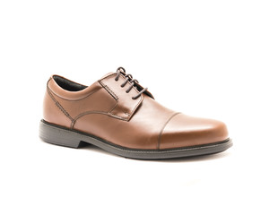 Close-up brand new one shiny brown men dress cap toe Oxford shoes isolated on white background....