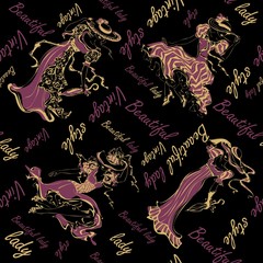 Seamless pattern. Vintage girls. Beautiful ladies in vintage outfits and hats. Inscriptions. Vintage style. Beautiful lady. Design for fabric and wrapping paper. .Purple, gold, black.Vector.