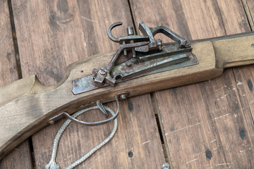 Closeup of antique firearm. Close-up.