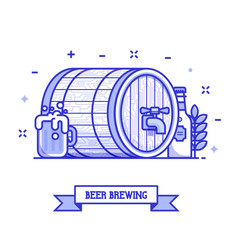 Oktoberfest festival beer brewing concept. Bottle and full glass of craft beer with foam, wooden keg or barrel and wheat. Beer pub or traditional brewery illustration for UI and advertising.