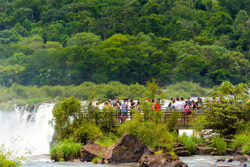 BRAZIL, ARGENTINA - DECEMBER 29, 2017: View of the waterfall on the Iguazu river. Copy space for text.