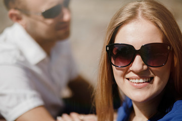 Beautiful happy couple embracing in the city.  