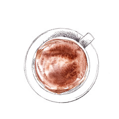 Hand drawn cup of cappuccino, top view. Pencil sketch with watercolor stain milk foam.