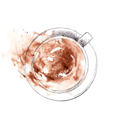 Hand drawn cup of cappuccino, top view. Pencil sketch with watercolor stain