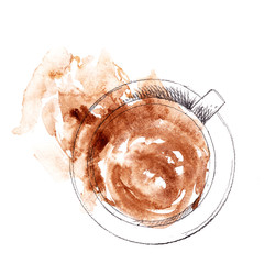 Hand drawn cup of coffee, top view. Pencil sketch with watercolor stain.
