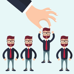 Choosing the best candidate for the job concept. Hand picking up a businessman from the row. Flat vector design