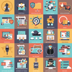 Business, technology, management and finances icon set collection. Flat vector illustration