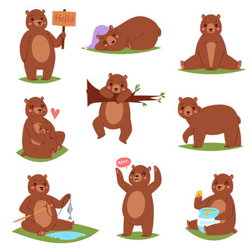 Bear vector set cartoon animal character and cute brown grizzly eating honey illustration animalistic set of childish teddybear playing or hugging with she-bear isolated on white background