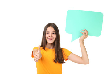 Young girl with speech bubble on white background