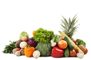 Ripe fruits and vegetables on white background
