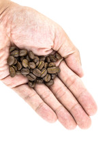 Coffee bean in hand isolated on white background