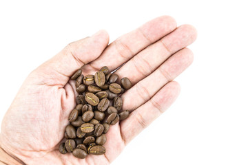 Coffee bean in hand isolated on white background