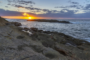 A high rocky seashore at sunrise. Plants on the rocks. Waves and glare on the water.