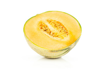 One half of fresh melon cantaloupe variety isolated on white background