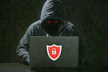 hacker in darkness the access to steal information and infect computers and systems. concept of...