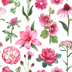Watercolor illustrations of pink flowers. Seamless pattern