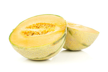 Group of two halves of fresh melon cantaloupe variety isolated on white background