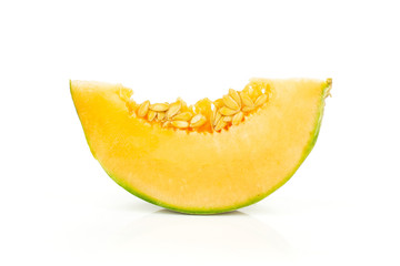 One slice of fresh melon cantaloupe variety isolated on white background