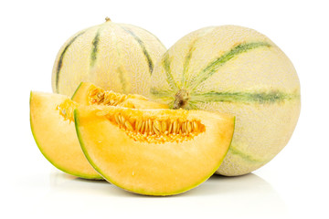 Group of two whole three slices of fresh melon cantaloupe variety isolated on white background