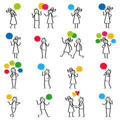 Strichmännchen Set, Stichfiguren reden, unterhalten sich, rufen und gestikulieren, bunte Sprechblasen