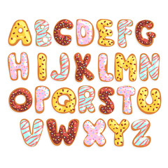 Naklejka na ściany i meble Sweet cookie English alphabet, edible bakery letters in the shape of glazed cookies vector Illustration on a white background