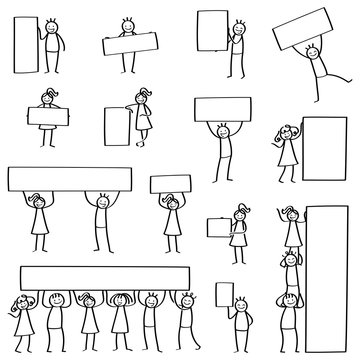 Strichm&auml;nnchen Set, Stichfiguren halten Poster, Plakate, Schilder, Banner, Team, Teamwork