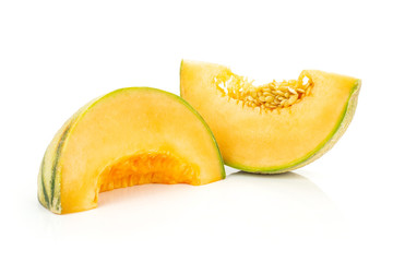 Fototapeta na wymiar Group of two slices of fresh melon cantaloupe variety isolated on white background