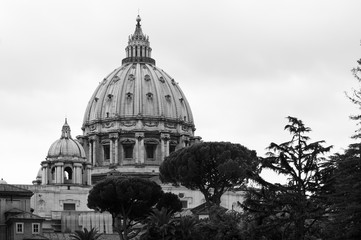Fototapeta na wymiar Dome of St. Peter's Basilica in Rome in black and white