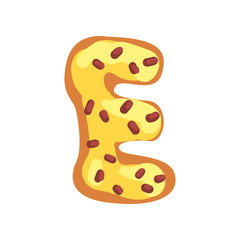 E letter in the shape of sweet glazed cookie, bakery edible font of English alphabet vector Illustration on a white background