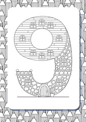 Cartoon number 9 drawn in the shape of house. Vertical page for coloring
