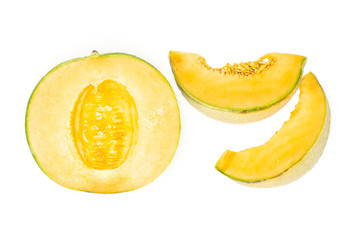 Group of one half two slices of fresh melon cantaloupe variety without seeds flatlay isolated on white background