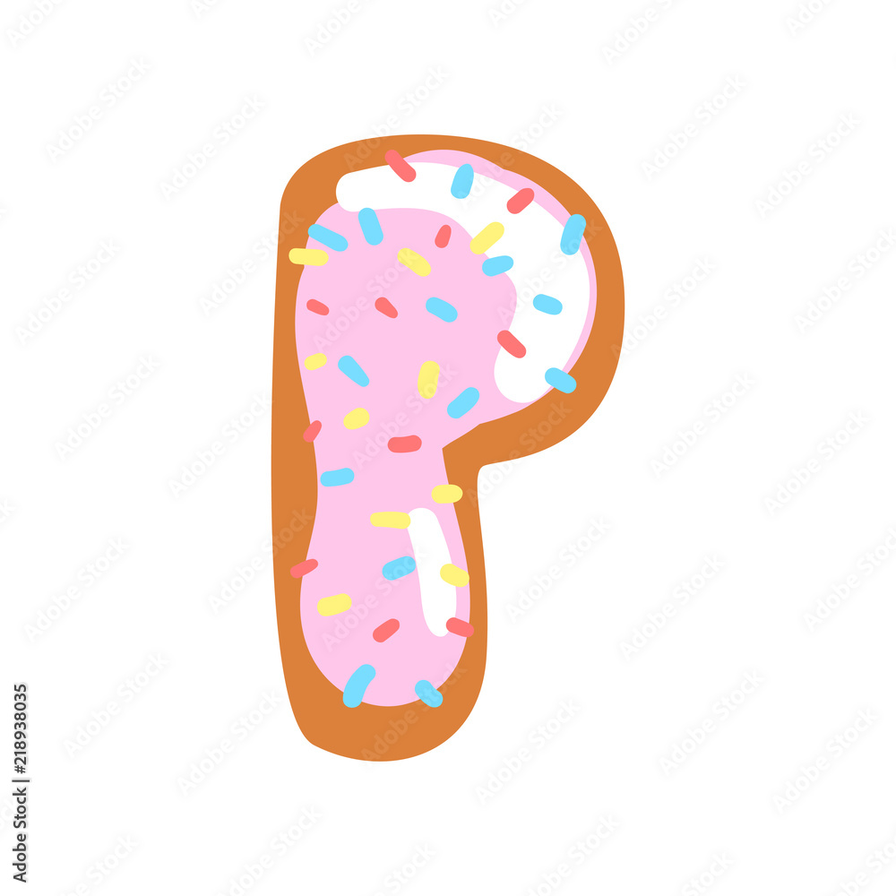 Poster p letter in the shape of sweet glazed cookie, bakery edible font of english alphabet vector illustra