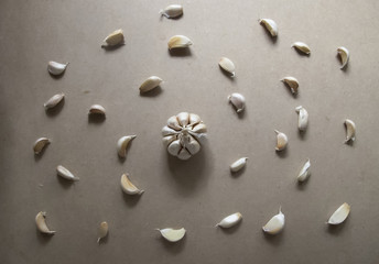 Fototapeta na wymiar Fresh Garlic on the MDF wooden plate board Texture Background