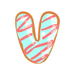 V letter in the shape of sweet glazed cookie, bakery edible font of English alphabet vector Illustration on a white background