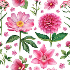 Watercolor illustrations of pink flowers. Seamless pattern