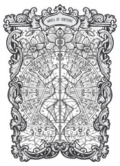 Wheel of fortune. Major Arcana tarot card. The Magic Gate deck. Fantasy engraved vector illustration with occult mysterious symbols and esoteric concept