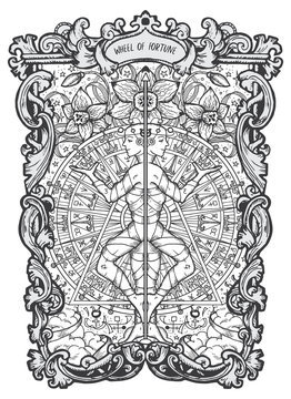 Wheel of fortune. Major Arcana tarot card. The Magic Gate deck. Fantasy engraved vector illustration with occult mysterious symbols and esoteric concept