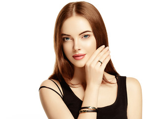 Fototapeta premium Beautiful woman cosmetology face closeup beauty skin care female portrait isolated on white