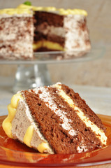 A piece of lemon-chocolate cake on an orange plate