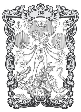 Star. Major Arcana tarot card. The Magic Gate deck. Fantasy engraved vector illustration with occult mysterious symbols and esoteric concept