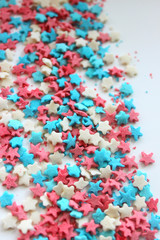 Sugar topping for cake, frame on a white background, free space for text. The concept of the holiday, birthday.