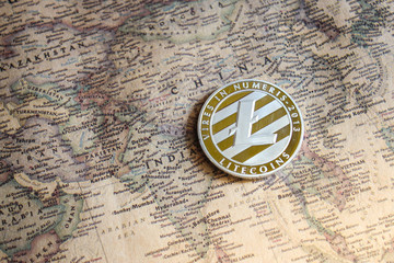 The silver litecoin. Altcoin on map.