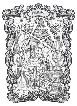 Magician. Major Arcana tarot card. The Magic Gate deck. Fantasy engraved vector illustration with occult mysterious symbols and esoteric concept