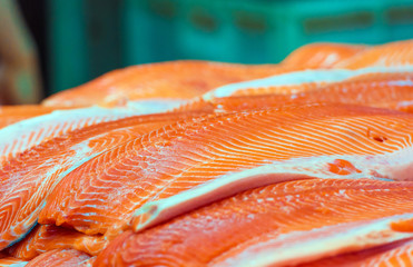 Raw salmon on the counter in the store, Puerto Montt, Chile. Close-up.