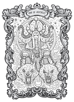 King of pentacles. Minor Arcana tarot card. The Magic Gate deck. Fantasy engraved vector illustration with occult mysterious symbols and esoteric concept