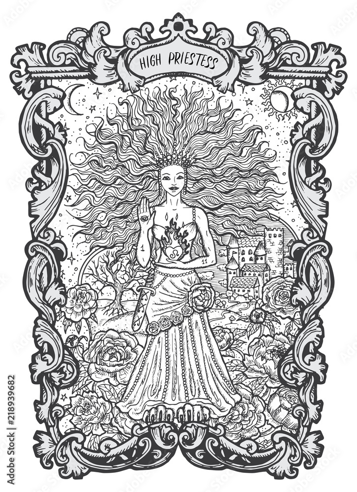 Wall mural High Priestess. Major Arcana tarot card. The Magic Gate deck. Fantasy engraved vector illustration with occult mysterious symbols and esoteric concept