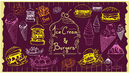 Ice Cream and Burgers Vector Hand Drawn Vintage Set