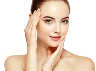 Beauty woman face with healthy skin lips natural makeup healthy fresh skin and hair isolated on...